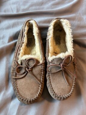 UGG Brown Suede Shearling-Lined Moccasin Slippers